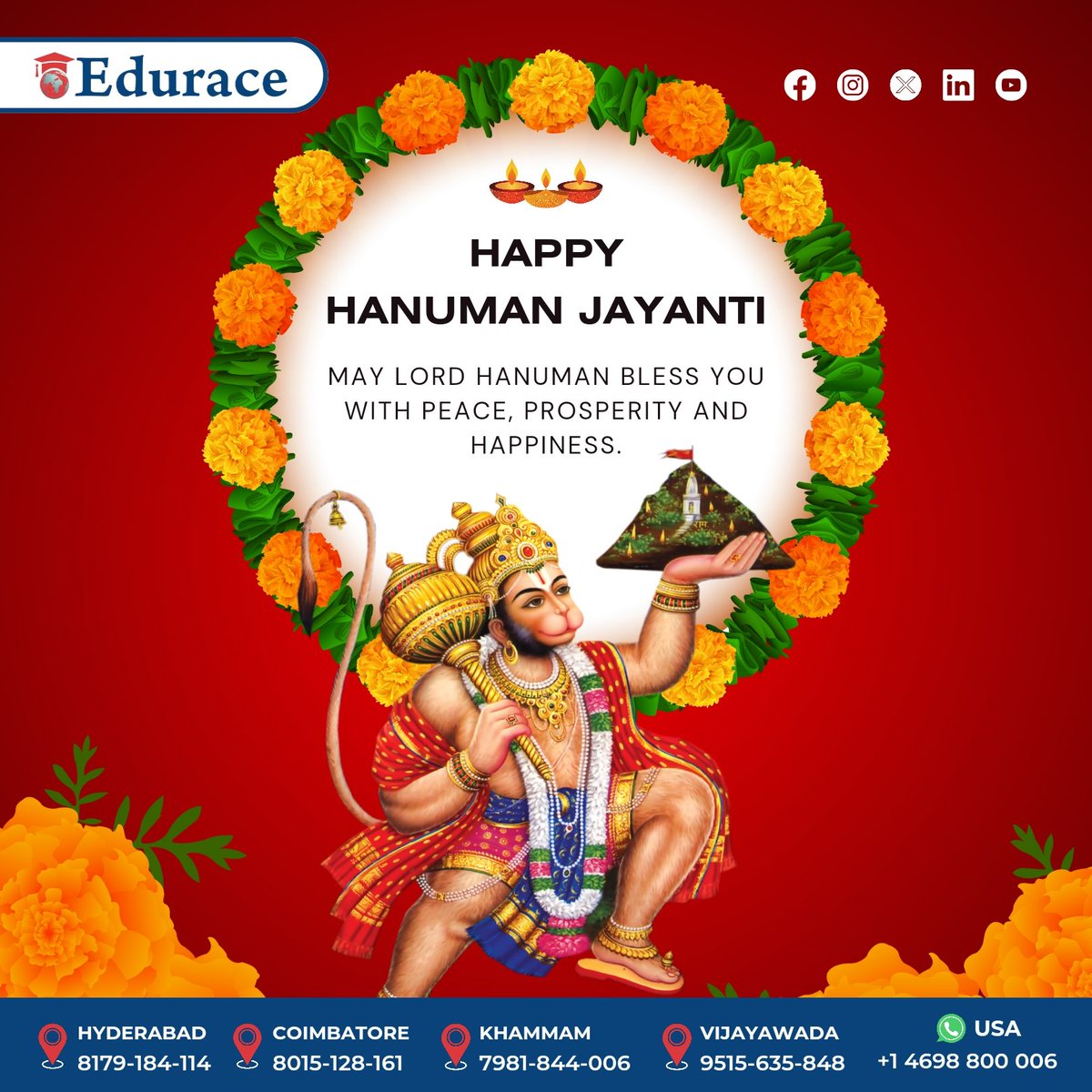 May the blessings of Hanumanji bring joy, strength, and courage to your life. Happy Hanuman Jayanthi! 🙏

#HanumanJayanthi #blessings  #hanumanji #hanumanjayanti #hanumanjanmotsav #bajrangbali #hanuman #jaihanuman🙏 #eduraceservices