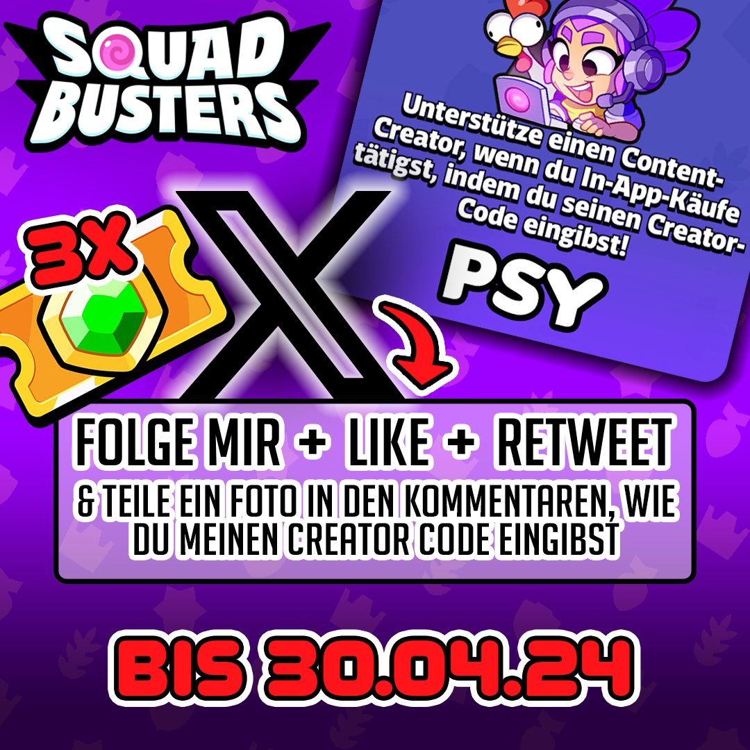 <a href="/SquadBustersx/">Squad Busters</a> SOFT LAUNCH GIVEAWAY!🎁
3x Season Pass:
-Folge Mir
-Like &amp; Retweet
-Benutze den Creator Code Psy in einem Supercell Game und poste es hier drunter!

Auflösung am 30.04.24 !

Viel ERFOLG &amp; Guten Release🔥