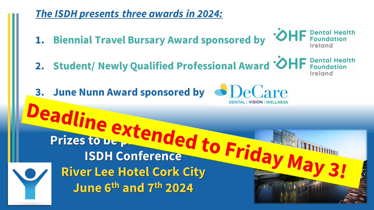 The ISDH has extended the deadline for Bursaries and Prizes until Friday May 3 - it is not too late to enter! Full details at isdh.ie/bursaries-and-… #specialcaredentistry Thanks to our sponsors @DHF_Ireland & @DeCareDentalIE