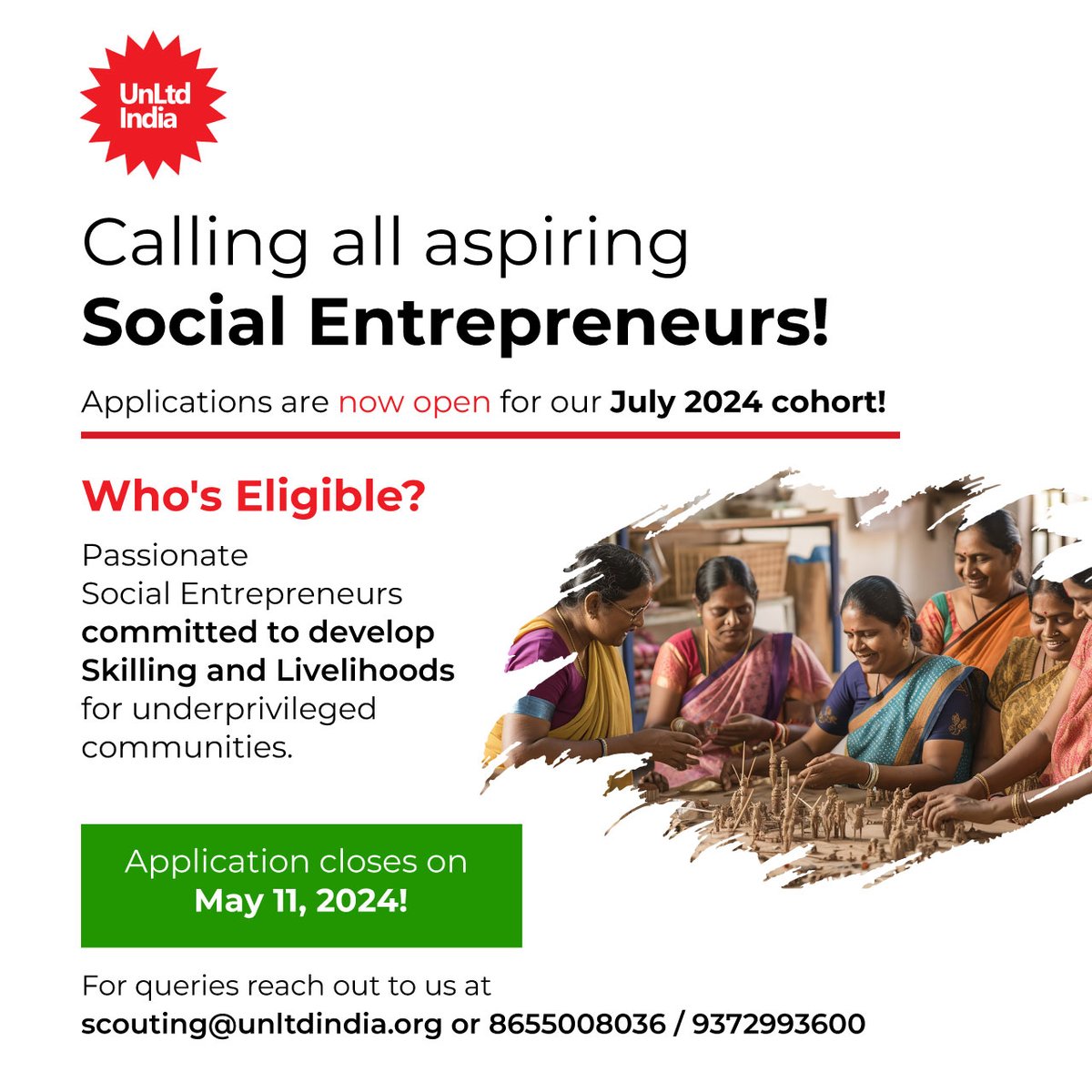 Are you ready to scale up your social enterprise? Applications for our July 2024 cohort are currently open. Visit our website to find out more about our Incubation program and to apply: lnkd.in/gGwaHUsD #UnLtdIndia #skilling #livelihood