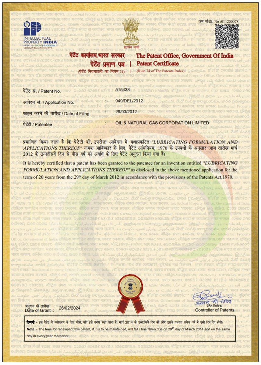 🛢️ #ONGC's Institute of Drilling Technology (IDT), Dehradun, scores big with a patent granted by @cgpdtm_india for the novel formulation of “lubricating formulation and applications thereof” on 26 February 2024. The patent pertains to utilizing lubricants within drilling fluids…