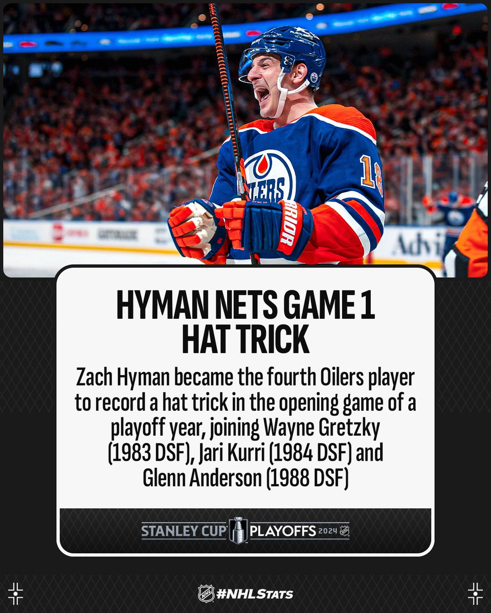 After potting four hat tricks in the regular season, Zach Hyman recorded the NHL's first three-goal performance of the 2024 #StanleyCup Playoffs. #NHLStats: media.nhl.com/public/live-up…
