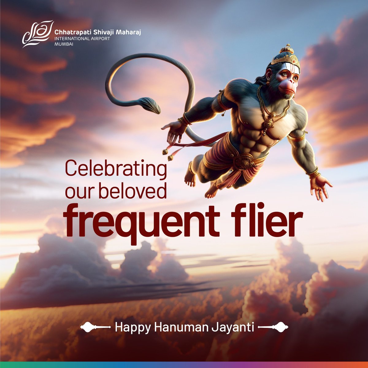 Empower your journey with divine guidance on this auspicious day. Wishing you sky high success and happiness. Happy Hanuman Jayanti! #MumbaiAirport #CSMIA #GatewayToGoodness #HanumanJayanti #Blessings #Journey #Airport