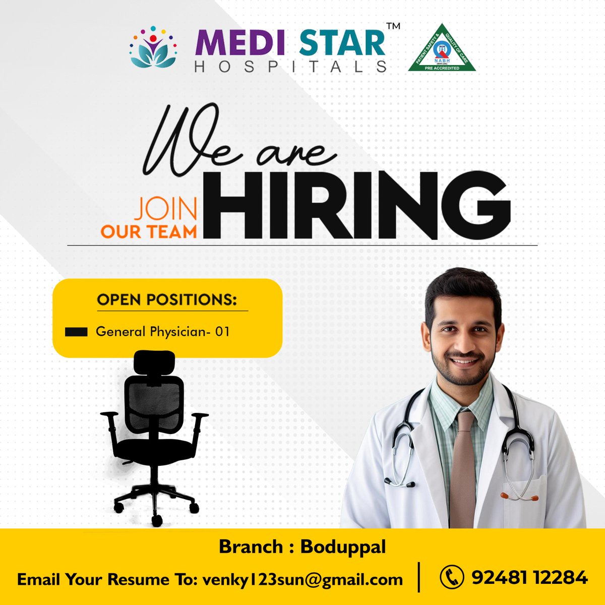 Looking for a skilled general physician to join our team at Medistar Hospital's Boduppal branch.   Join us in delivering top-notch medical care in a supportive environment.

#GeneralPhysician #Docterjob #Jobs2024 #Recruitment2024 #Hospital #Hospitaljobs #Hyderabad #Boduppal