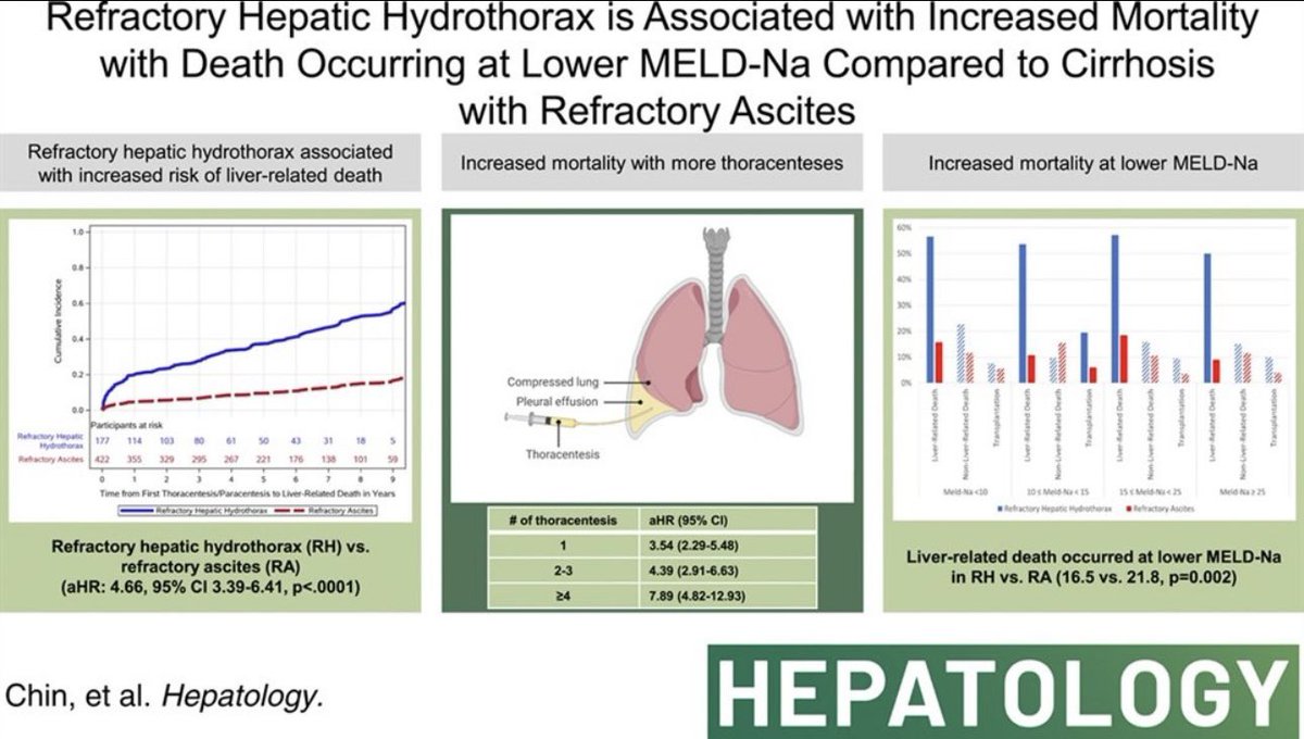 Compared to ascites, hepatic HYDROTHORAX: - Poor response to diuretics, >AKI and HipoNa. - Repeated thoracocentesis is hard: consider TIPS. -Increased mortality with lower MELD. This study in @HEP_Journal shows its poor prognosis. #LiverTwitter tinyurl.com/4jfs4ce7
