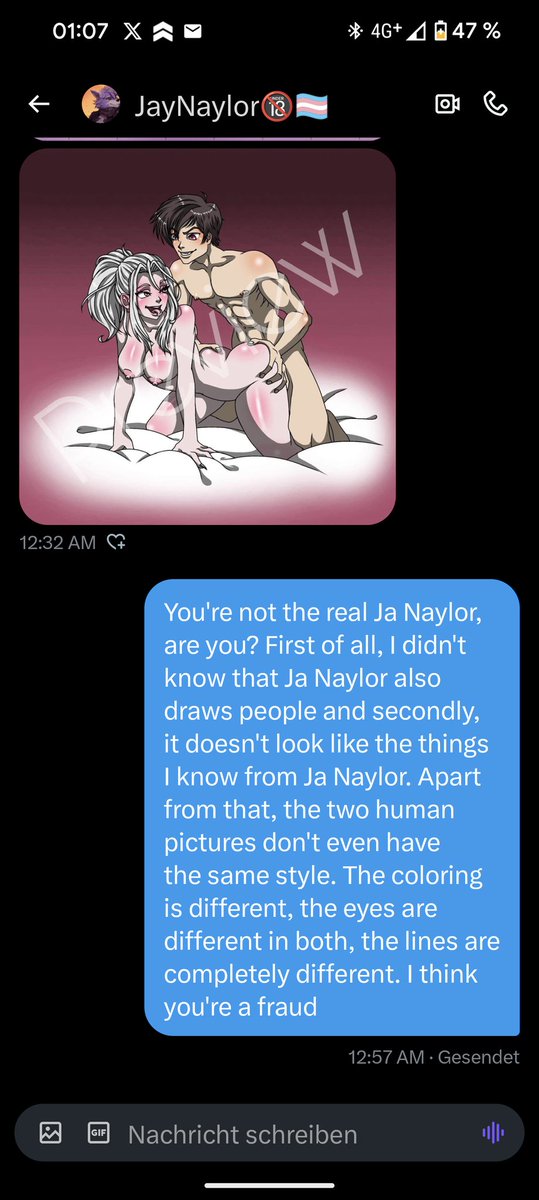 JayDrawins's tweet photo. So this guy @Naylor_Artist01 actually is banking on my name and taking commissions and they look pretty poor. A fan of mine chatted him up a bit and called him out and allowed me to share this.

I would never spell "color" with a u. https://t.co/xOwAsqORSY