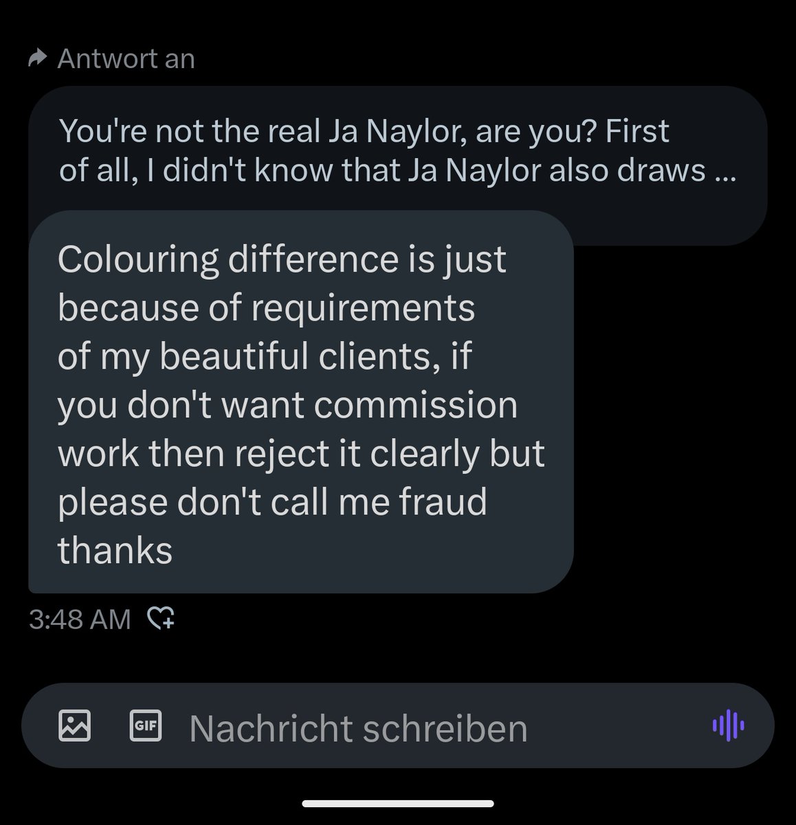 JayDrawins's tweet photo. So this guy @Naylor_Artist01 actually is banking on my name and taking commissions and they look pretty poor. A fan of mine chatted him up a bit and called him out and allowed me to share this.

I would never spell "color" with a u. https://t.co/xOwAsqORSY