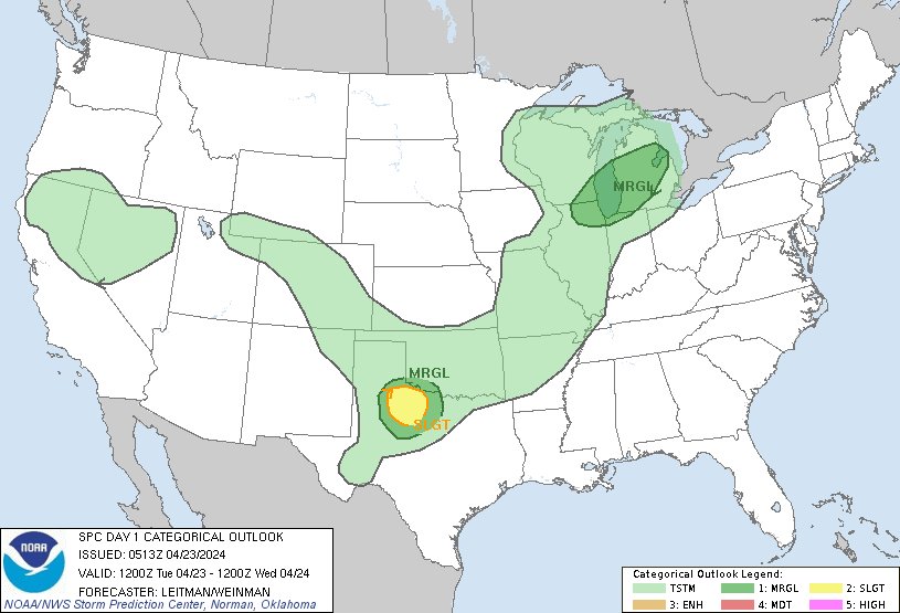 12:15am CDT #SPC Day1 Outlook Slight Risk: across portions of northwest Texas spc.noaa.gov/products/outlo…