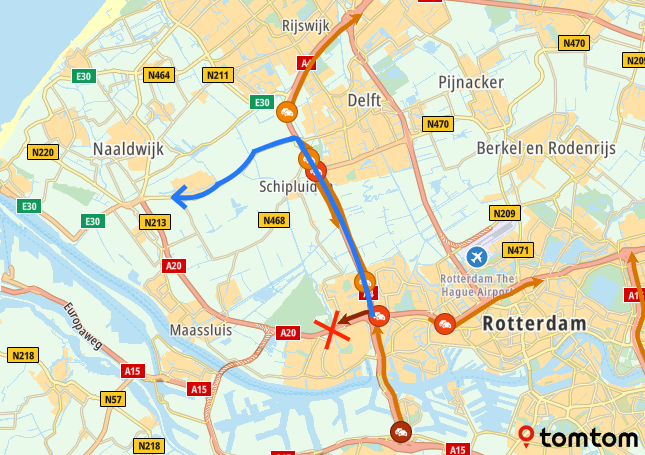 ANWBverkeer's tweet photo. Ongeluk op de #A20 Gouda ► Hoek van Holland. Bij Vlaardingen-West is de weg DICHT.
Omrijden kan via Den Hoorn en De Lier over de #A4 en #N223. https://t.co/WpPWzWM5oY