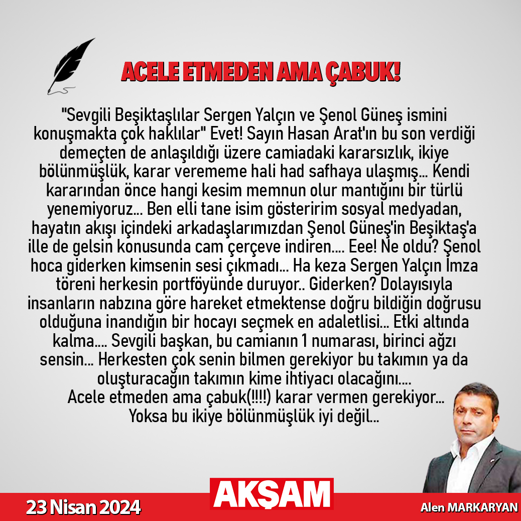 ✍️Alen Markaryan yazdı... 'Acele etmeden ama çabuk!' @AlenMarkaryan tmd.yt/2owyy