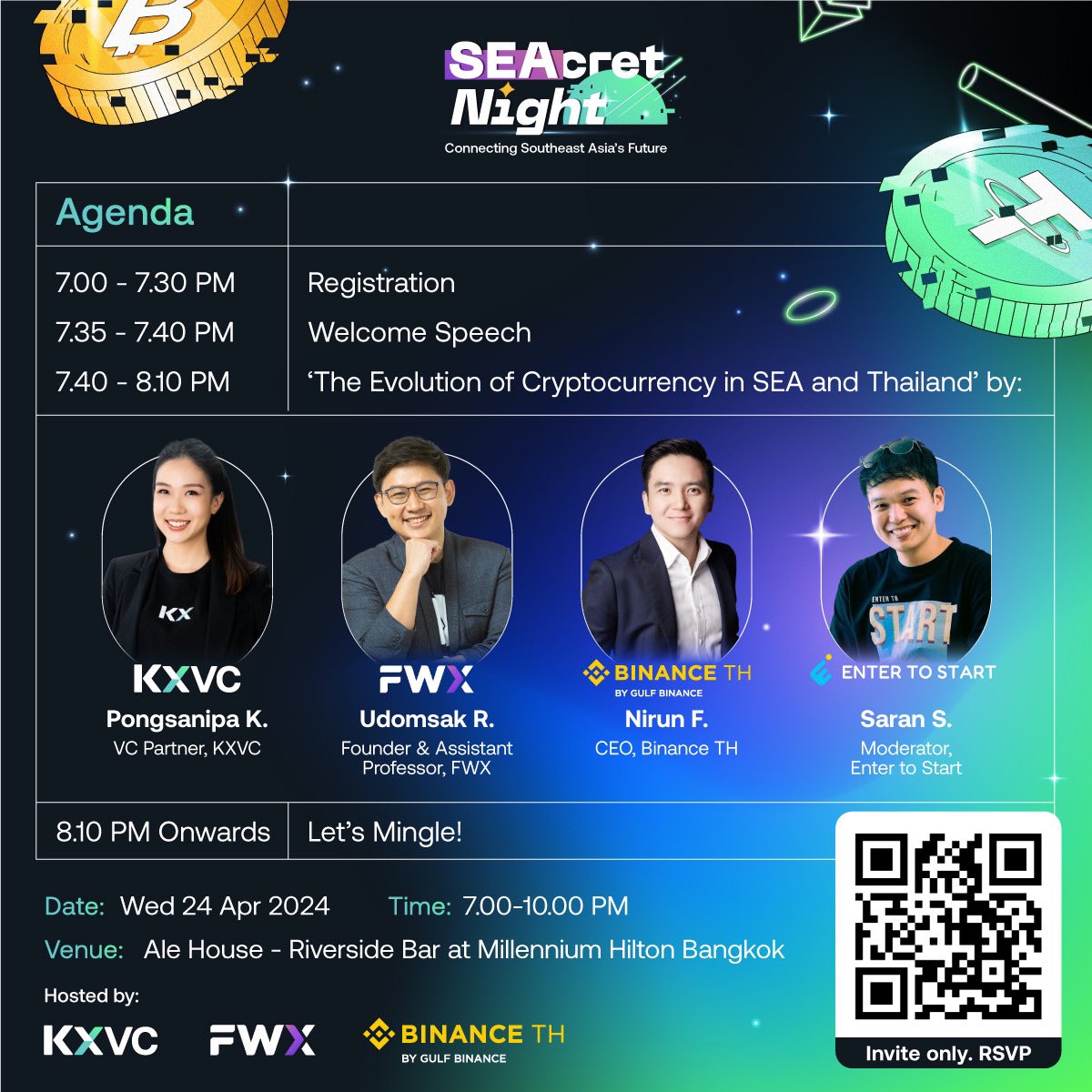 See you all tomorrow.​

📌 Sign up at lu.ma/SEAcretnight and waiting for confirmation email​

📌Date: Wed 24 Apr, 7:00-10:00 P.M.​

📌 Venue: Ale House - Riverside Bar at Millennium Hilton Bangkok​

#BinanceTH #FWX #KXVC #Cryptocurrency #CryptoEvolution #NetworkingEvent