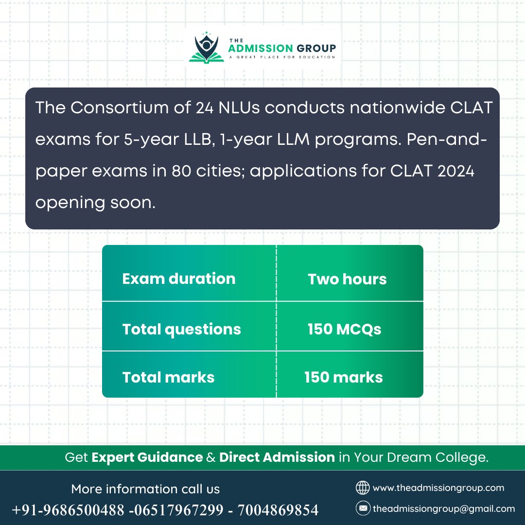 admissiongroups's tweet image. Get ready for CLAT 2024! Nationwide exams for LLB and LLM programs by 24 NLUs. Applications opening soon!

#CLAT2024 #LLBexams #LLMprograms #24NLUs #Nationwideexams #LawSchoolBound #FutureLawyer #PrepareForSuccess #LegalMindset #LawEntranceExam #theadmissiongroup