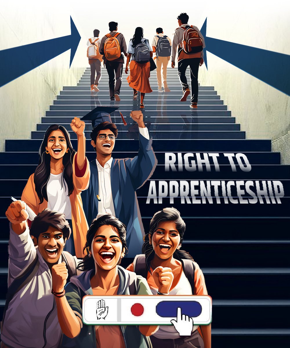 Pehli Naukri Pakki Congress guarantees a new Right to Apprenticeship Act to provide a one-year apprenticeship with a private or a public sector company to every diploma holder or college graduate below the age of 25. Apprentices shall avail ₹ 1 lakh a year.