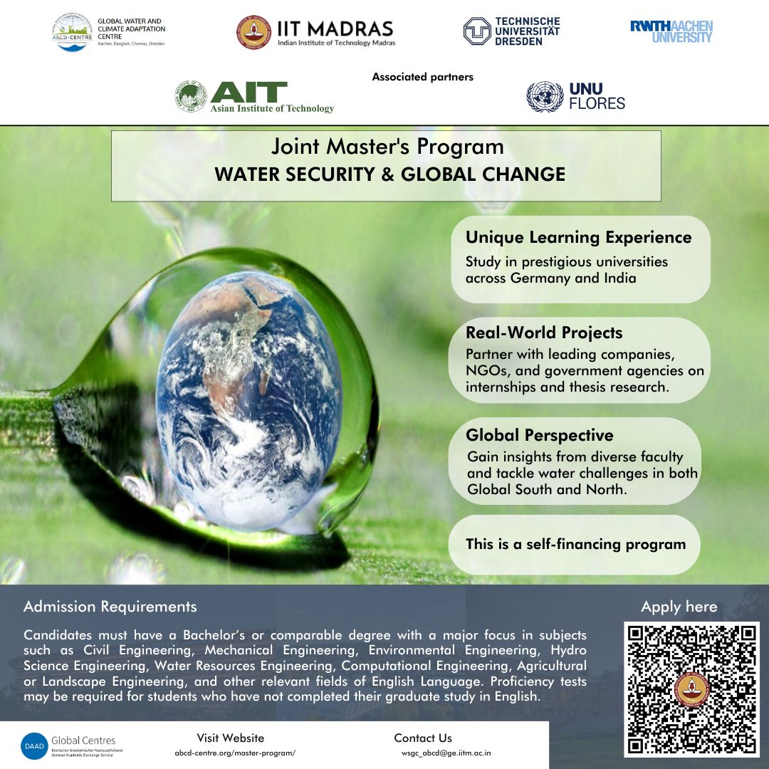 Experience the excellence of 🇩🇪 education in 🇮🇳! Dive into the future of water systems with brilliant minds worldwide & get essential insights🌊🌎 Join the International Joint Masters Program in Water Security and Global Change by @iitmadras, @tudresden_de & @RWTH ⏳ April 30