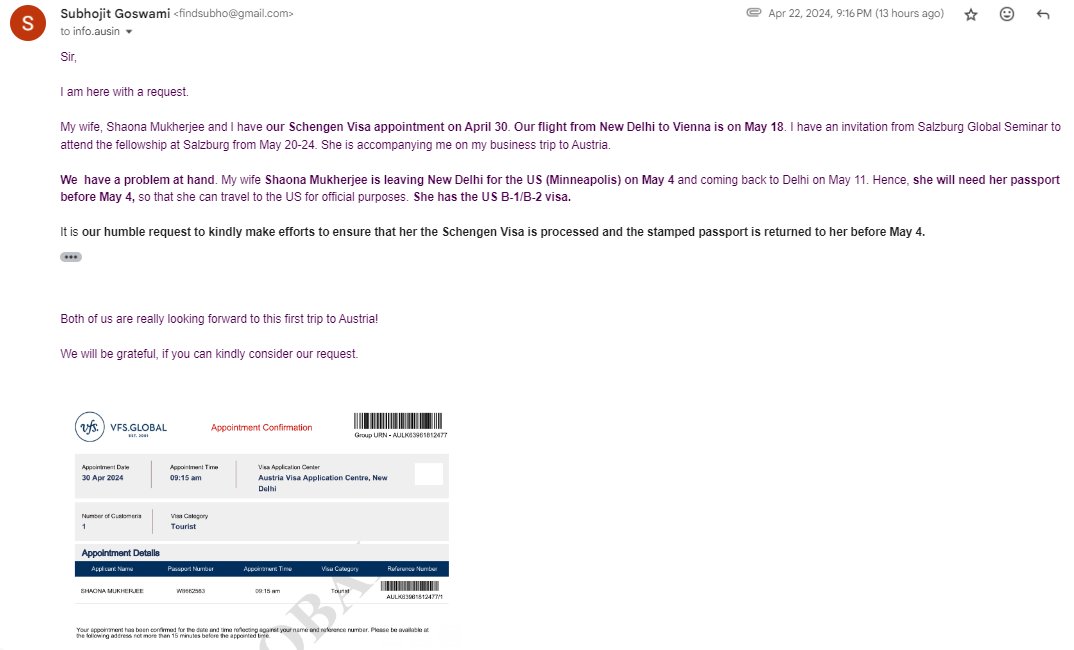 subhojit_g's tweet photo. @vfsglobalcare Hello Team, I will be grateful if you can kindly respond to this email regarding Schengen visa for Austria. The email was sent to info.ausin@vfshelpline.com https://t.co/yB98WlPA8U