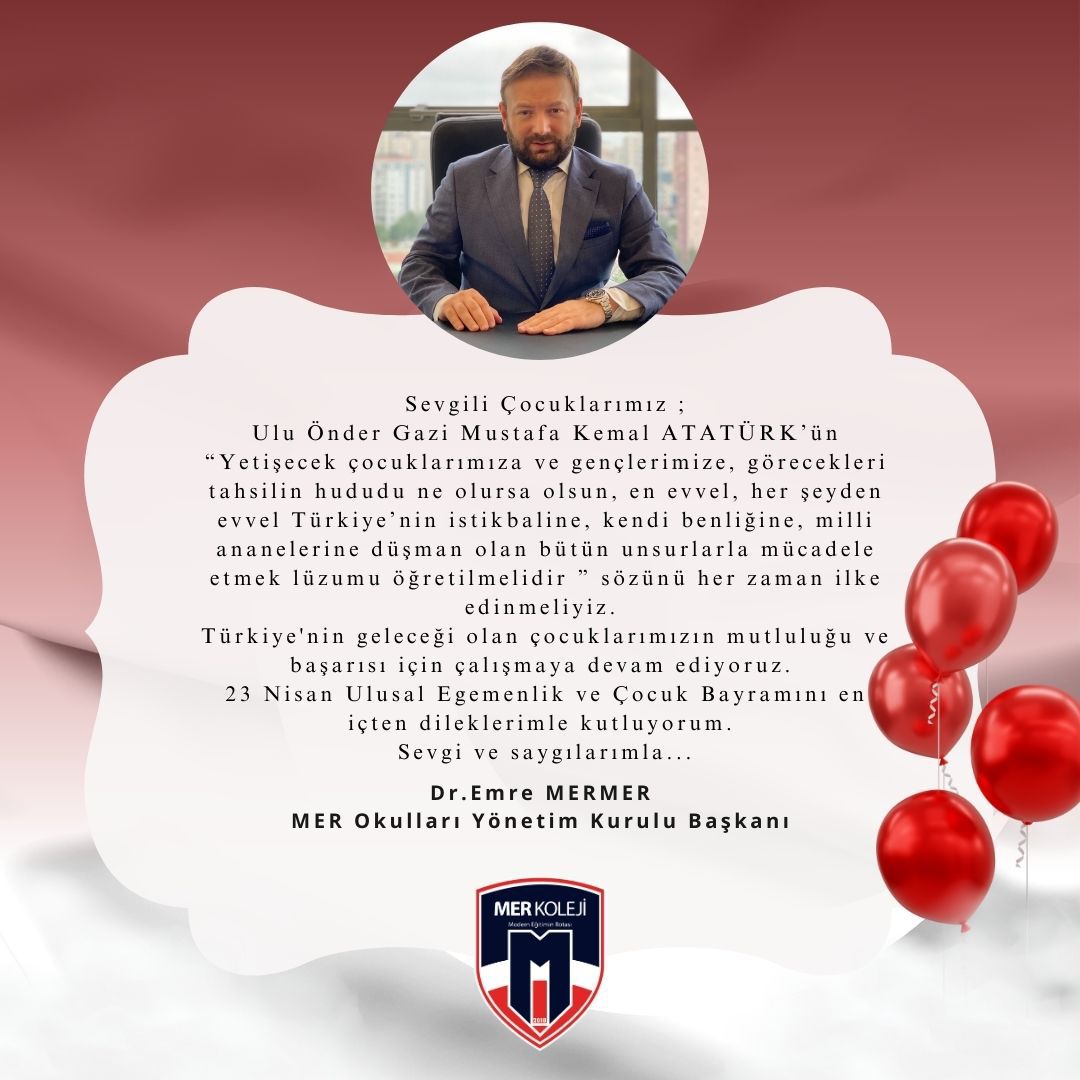 ♦️Kurucumuz Dr . Emre MERMER'in "23 Nisan Ulusal Egemenlik ve Çocuk Bayramı" mesajı...

#ModernEğitiminRotası 
#ManisaMerkoleji 
#23nisanulusalegemenlikveçocukbayramı