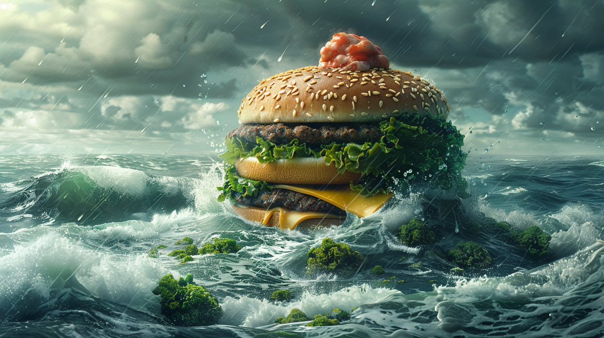 Embracing the stormy waves with a taste of paradise. 🌊🍔 #BurgerByTheSea #StormyDelights #OceanVibes #BurgerCravings #OceanAdventures #StormyBites #BurgerEscape #AITrends #AIWonders