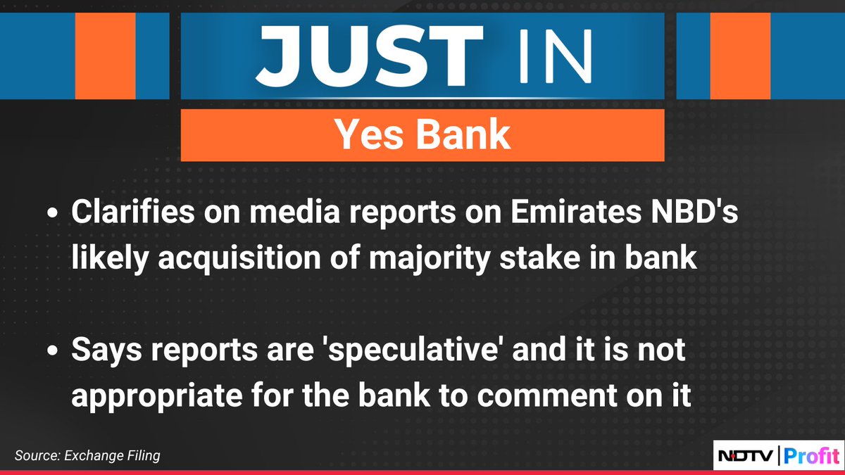 #YesBank clarifies on media reports on #Emirates NBD's likely acquisition of majority stake in bank.

For the latest news and updates, visit: ndtvprofit.com