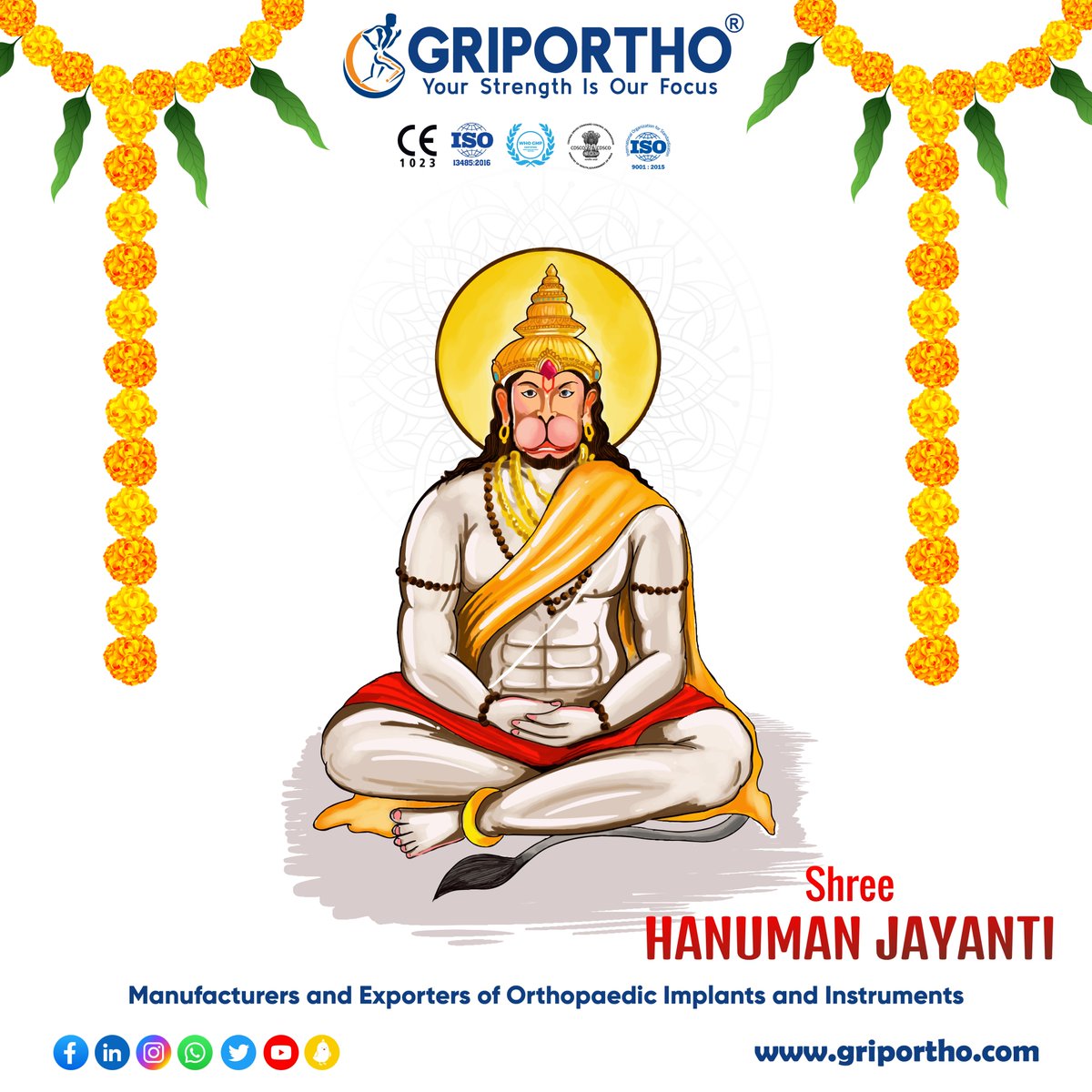 On this auspicious day of Hanuman Jayanti, may you be bestowed with the divine blessings of Lord Hanuman for a fulfilling and prosperous life. Happy Hanuman Jayanti.
.
.
#griportho #india #HanumanJayanti #orthopedicsurgery #orthopedicsurgeon #instrument #injury #orthopedicdoctor