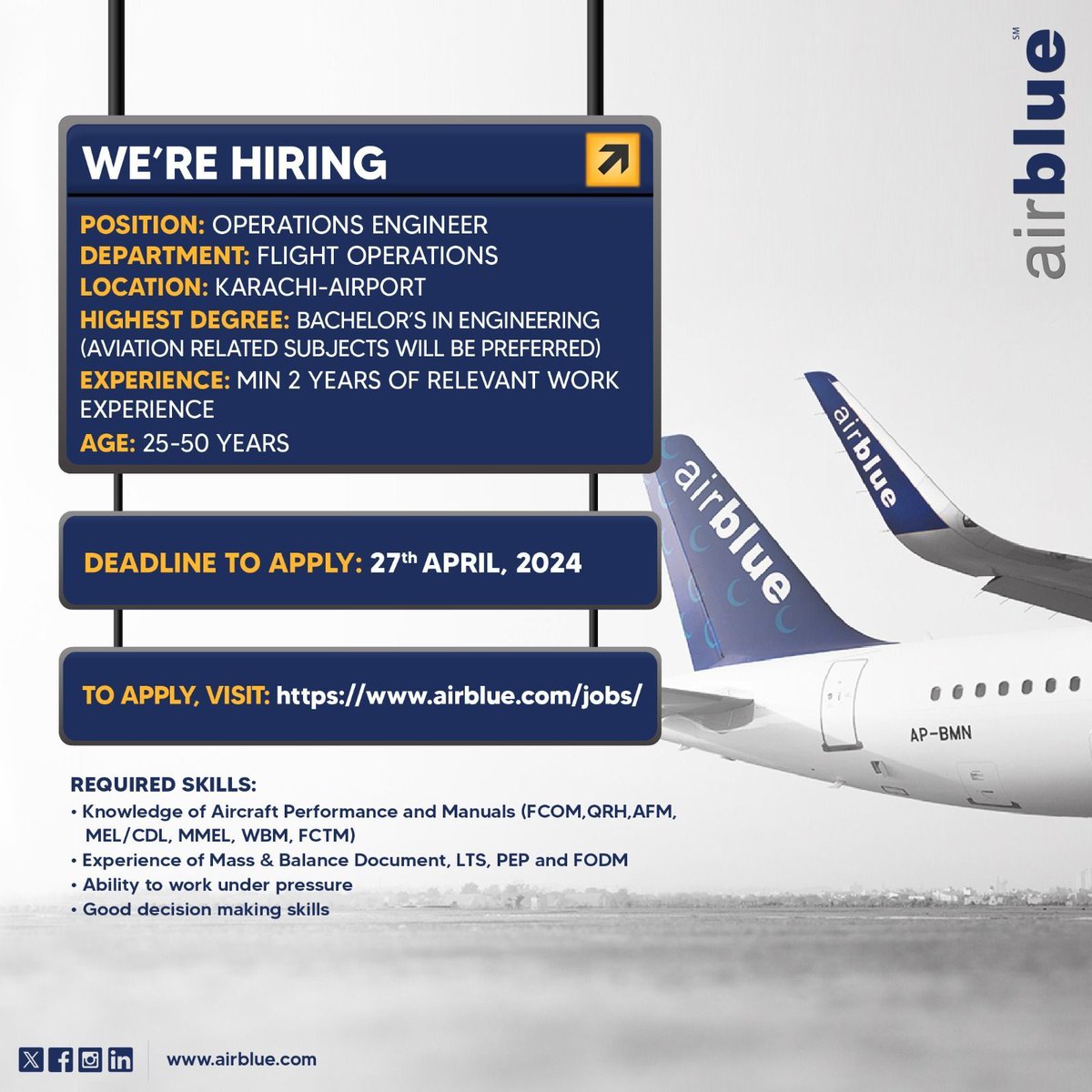 This is your chance to join our team. Position: Client Relations Executive Location: Karachi Deadline: 27th April 2024 To apply, visit: airblue.com/jobs/ #airblue #hiringalert #airbluejobs #hiringnow