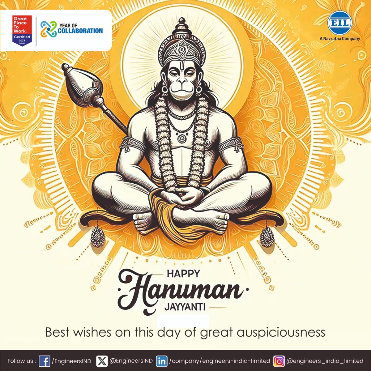 Team EIL wishes all its valuable stakeholders and collaborators a happy Shri Hanuman Jayanti. On this auspicious day, we reflect on the remarkable qualities of Lord Hanuman of Courage, Strength, Persistence, Constancy of Aim and Effort that have inspired us in our pursuit of