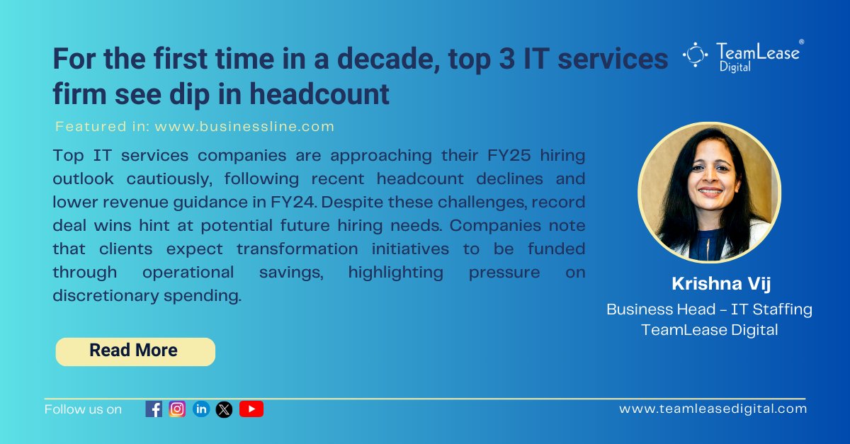 Krishna Vij, Business Head-IT Staffing, @TeamLeaseDGT got featured in @Businessline to discuss on the headcount dip in top 3 IT services firm. 

Read more: bit.ly/3Wa3ROC

#itfirms #itindustry #techindustry #techjobs #itjobs #itstaffing #staffing #techstaffing