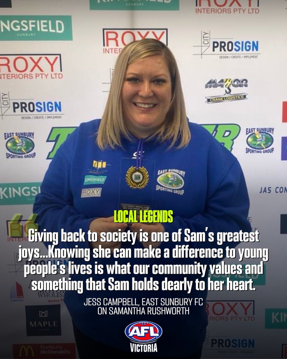 Fighting for the revival of her club’s senior men’s side, advocating for a women’s team, and promoting cultural awareness in the community… Samantha Rushworth has had a big impact on the East Sunbury Football Club! 🙌 Read more about this Local Legend: aflvic.com.au/news/local-leg…
