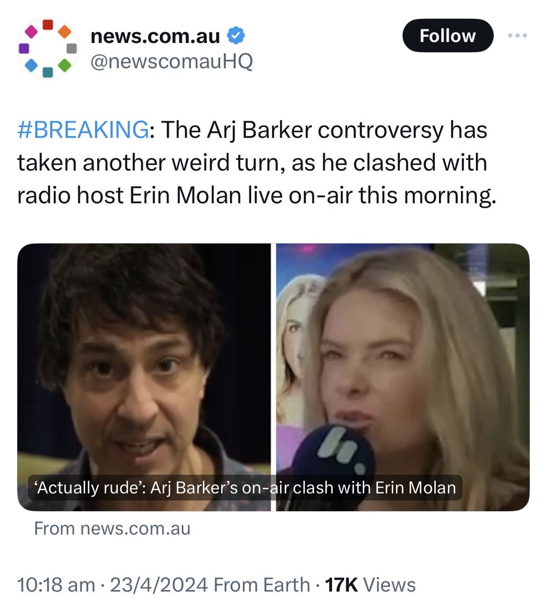 was on the fence before but if he was rude to erin molan then i’m on #TeamArj now, that baby was being a real piece of shit