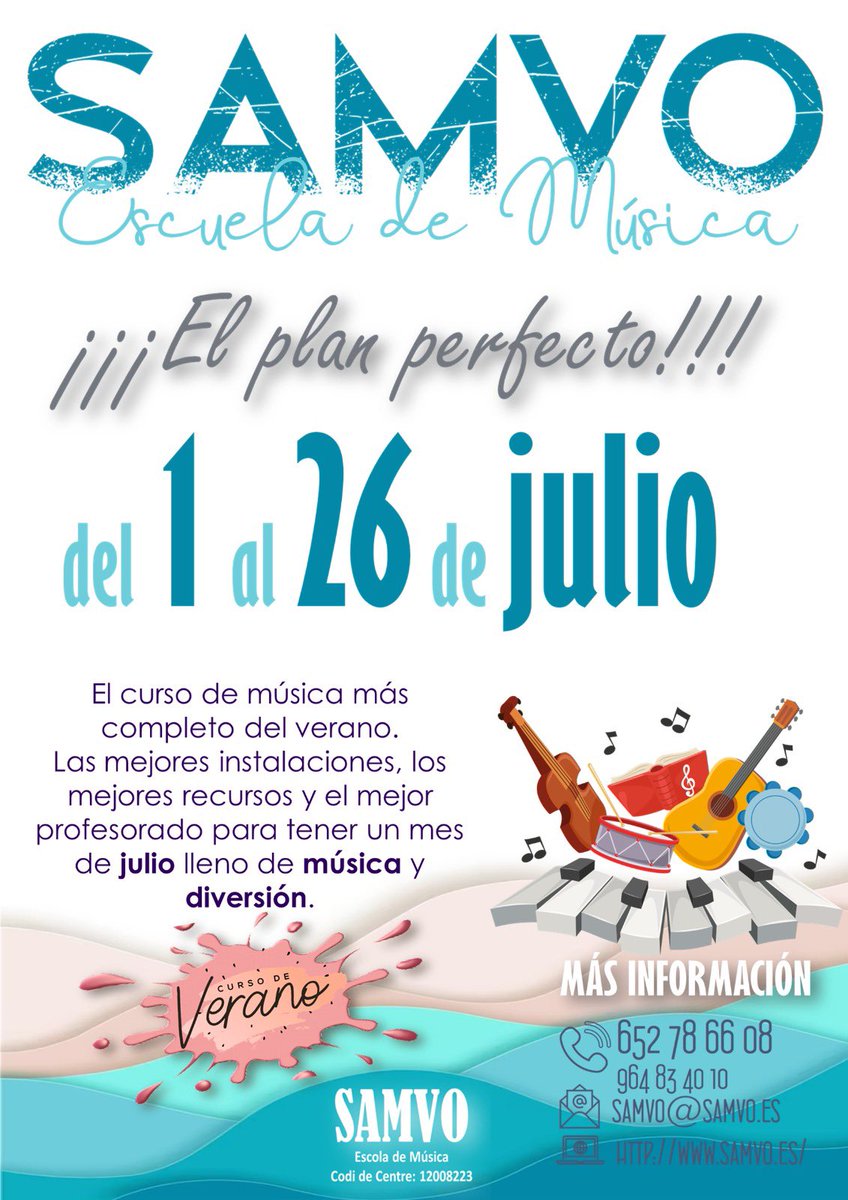 🎵 ¡Julio suena mejor en la Escuela de Música Samvo de Onda! 🎸
¿Listo para vibrar con la música? ¡Las clases de música e instrumento te esperan!
¡Haz de este julio una experiencia musical única! 🎉 Inscríbete ya y ¡deja que la música te mueva!
📧 samvo@samvo.es
#onda #samvo
