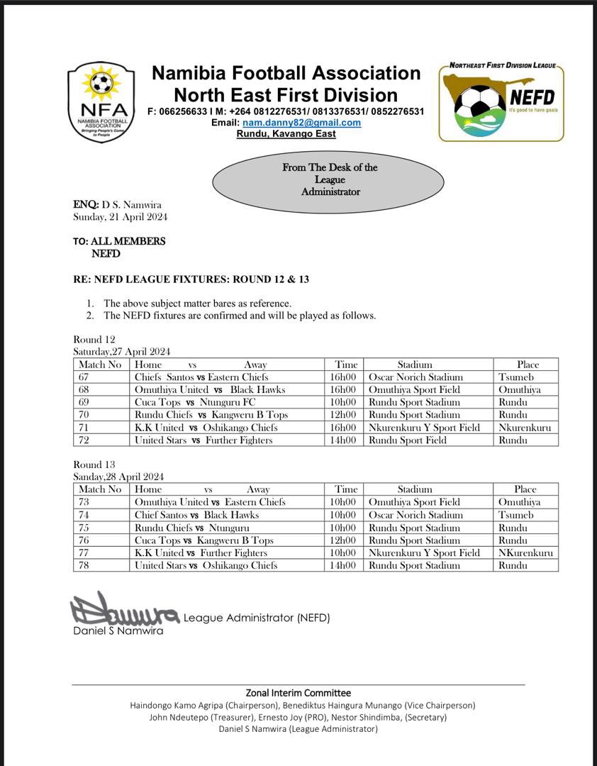 🇳🇦𝑾𝑬𝑬𝑲𝑬𝑵𝑫 𝑭𝑰𝑿𝑻𝑼𝑹𝑬𝑺

-NorthEast First Division 

#footynamibia