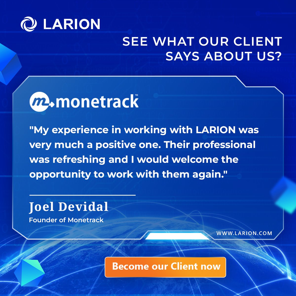 LARIONJSC's tweet photo. Wondering about what it's like to work with LARION? Our clients' testimonials say it all! ✨
#LARION #OffshoreOutsourcing #OffshoreDevelopment https://t.co/4VrF1DacQT