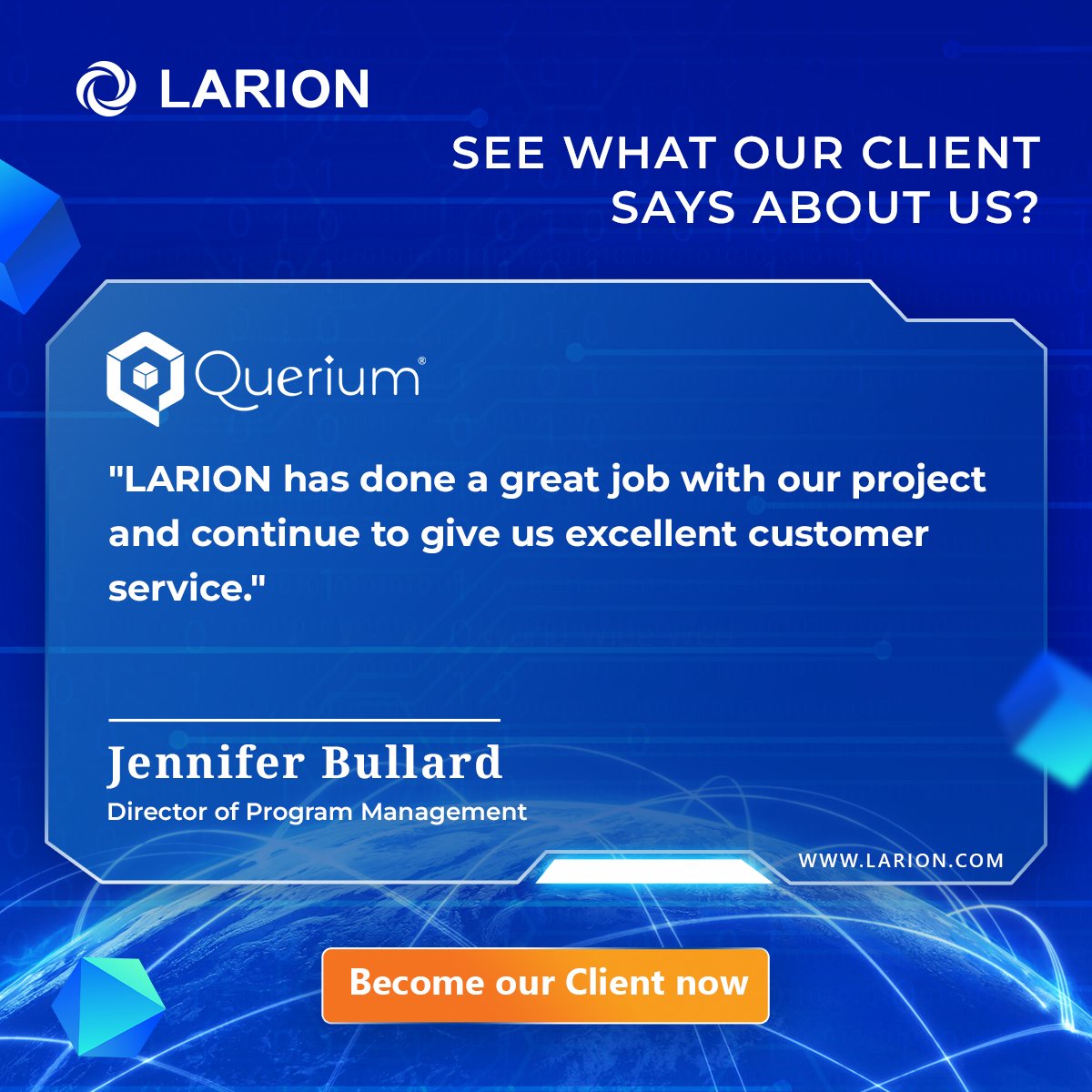 LARIONJSC's tweet photo. Wondering about what it's like to work with LARION? Our clients' testimonials say it all! ✨
#LARION #OffshoreOutsourcing #OffshoreDevelopment https://t.co/4VrF1DacQT