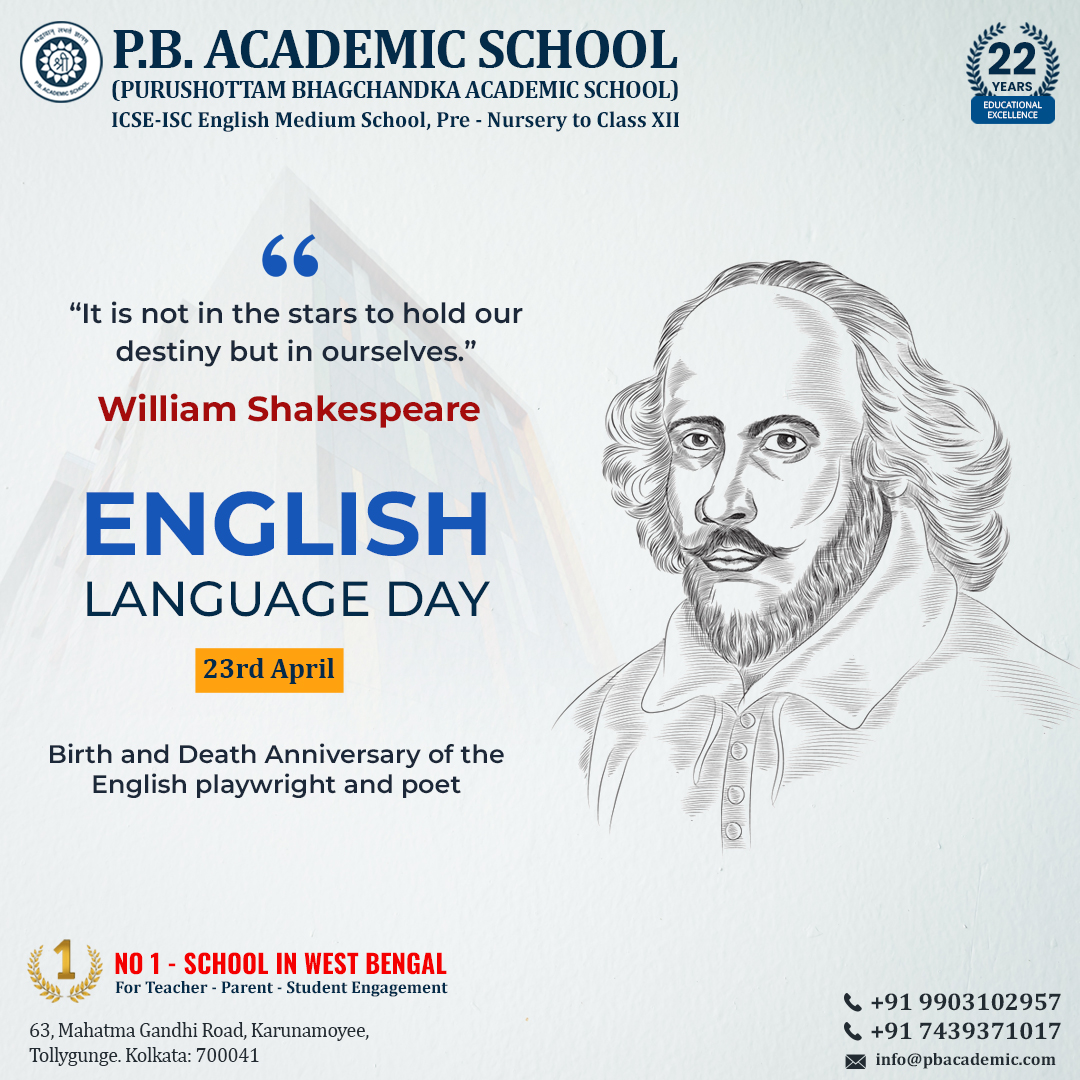 PBASchool's tweet photo. Happy English Language Day! 📚 Today, we honor the timeless words of William Shakespeare, whose legacy continues to shape our language and culture. Let's celebrate the birth and enduring influence of the Bard on this special day. 
#EnglishLanguageDay #Shakespeare #PBAS https://t.co/xCwxXFGMrz
