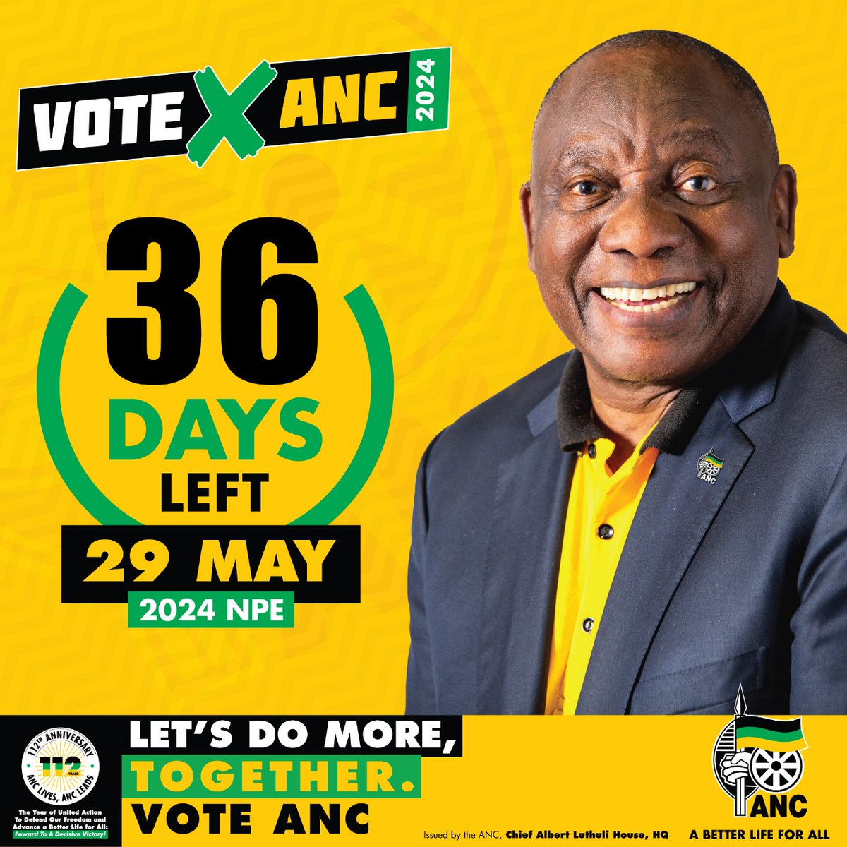 36 Days to go until the 2024 National and Provincial Elections on the 29th of May 2024! 1st Ballot: #VoteANC ❎ 2nd Ballot: #VoteANC ❎ 3rd Ballot: #VoteANC ❎ #VoteANC2024 #LetsDoMoreTogether ⚫️🟢🟡