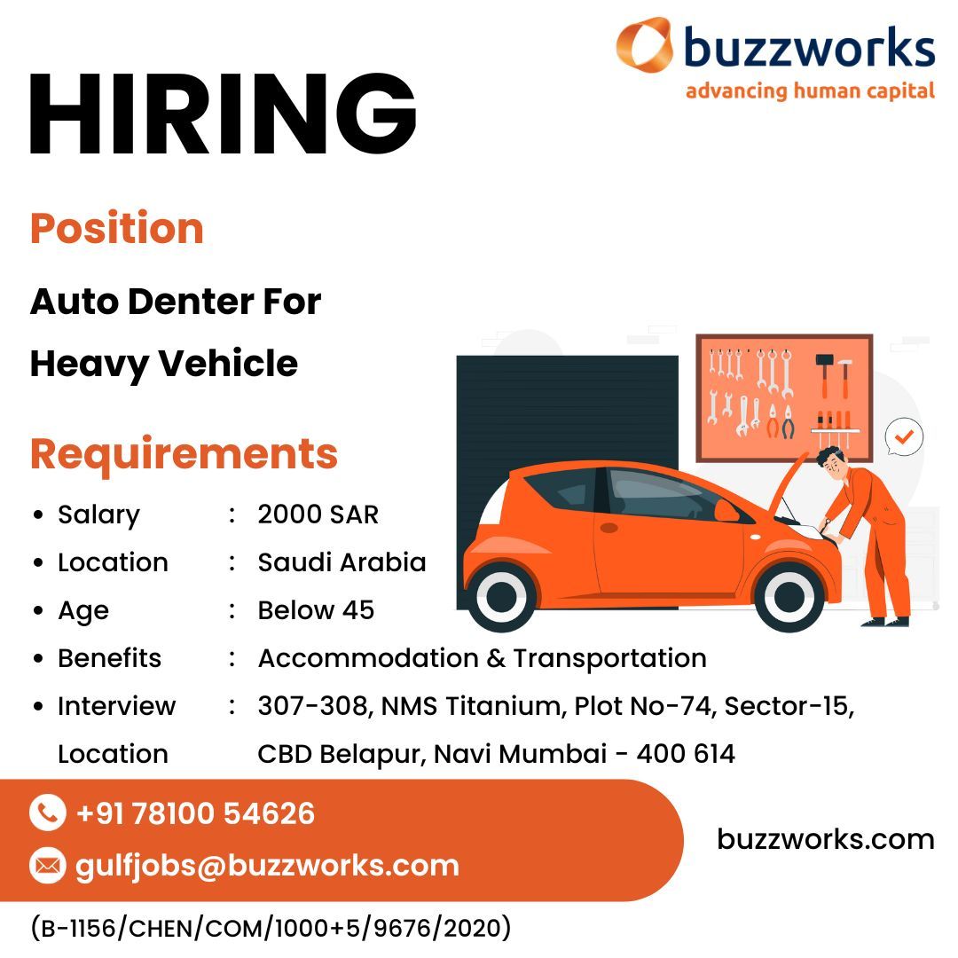 buzzworksdotcom's tweet photo. Job Alert: Calling all Auto Denter experts for Heavy Vehicles! Earn up to 2000 SAR in Saudi Arabia with accommodation &amp; transportation provided. Don't miss out on this opportunity!

#AutoDenter #HeavyVehicle #JobOpportunity #SaudiArabiaJobs https://t.co/Tq5iHMhWXY