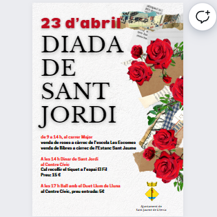 🌹🐉📚A Sant Jaume celebrem Sant Jordi📚🐉🌹 😃Celebra la Diada al nostre poble. T'hi esperen un munt llibres, les roses i la cultura i activitats.  👨👩👧👦Te les perdràs? Celebrem la cultura i l'amor! 📚❤️