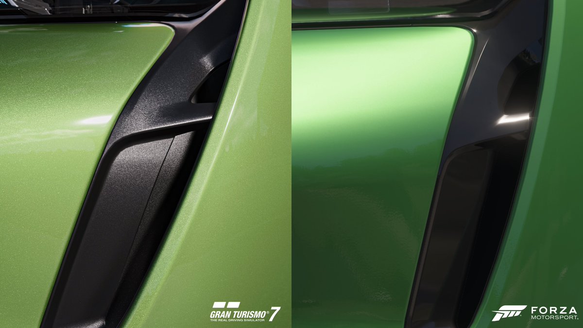 It's not that Forza does a bad job; it's just not on the same level. 

All paintwork is the same on Forza, while GT7s paint is true to real life. Even the plastic is textured like plastic. GT7 developers take months on each car.

#GranTurismo7 vs #ForzaMotorsport