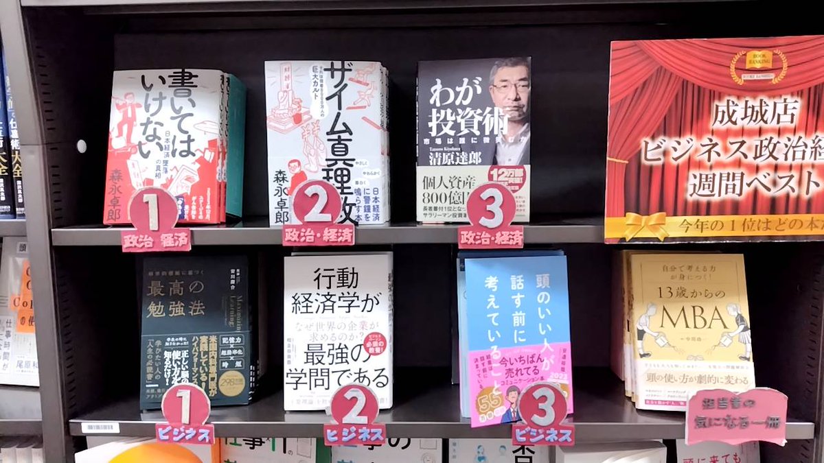 【ビジネス書週間ベスト】

🥇:『科学的根拠に基づく　最高の勉強法』#KADOKAWA
🥈:『行動経済学が最強の学問である』#SBクリエイティブ
🥉:『頭のいい人が話す前に考えていること』#ダイヤモンド社

【担当者の気になる一冊】
『自分で考える力が身につく！13歳からのMBA』#総合法令出版