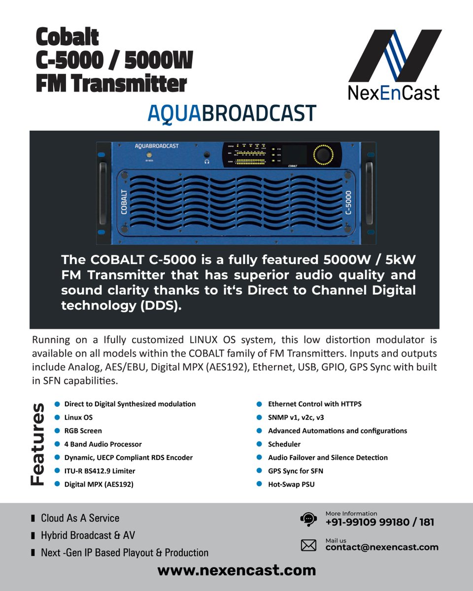 Aqua Broadcast - Cobalt C5000/5000W FM Transmitter

#Aquabroadcast #cobalt #5000wattts #fm #transmitter #audio #sound #technology #linux #hybrid #broadcasting #av #nextgen #playout #nexencast