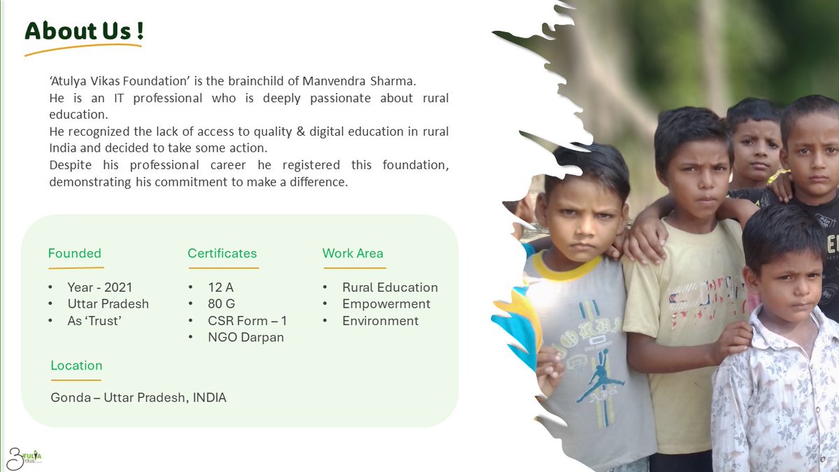 A brief introduction about  - 'Atulya Vikas Foundation'.

#education #ruraleducation #csr #donation #fund #digitaleducation 
@KVSinghMPGonda @dmgonda2 @CdoGonda @GondaNewsCorner @GondaSamachar @BhaktiDarshan_ @AyodhyaSummit @Ayodhyaraj257 @iAjaySengar @AjaySinghmla298