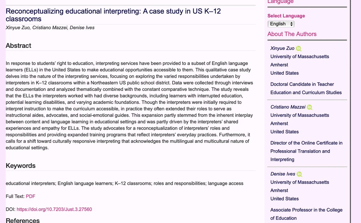 🧐 Interested in educational interpreting? Check this article by Xinyue Zuo, Cristiano Mazzei & Denise Ives 'Reconceptualizing educational interpreting: A case study in US K–12 classrooms' #1nt #LanguageRightsMinorities #InterpreterRole #LanguageAccess bit.ly/VulnerablePopu…