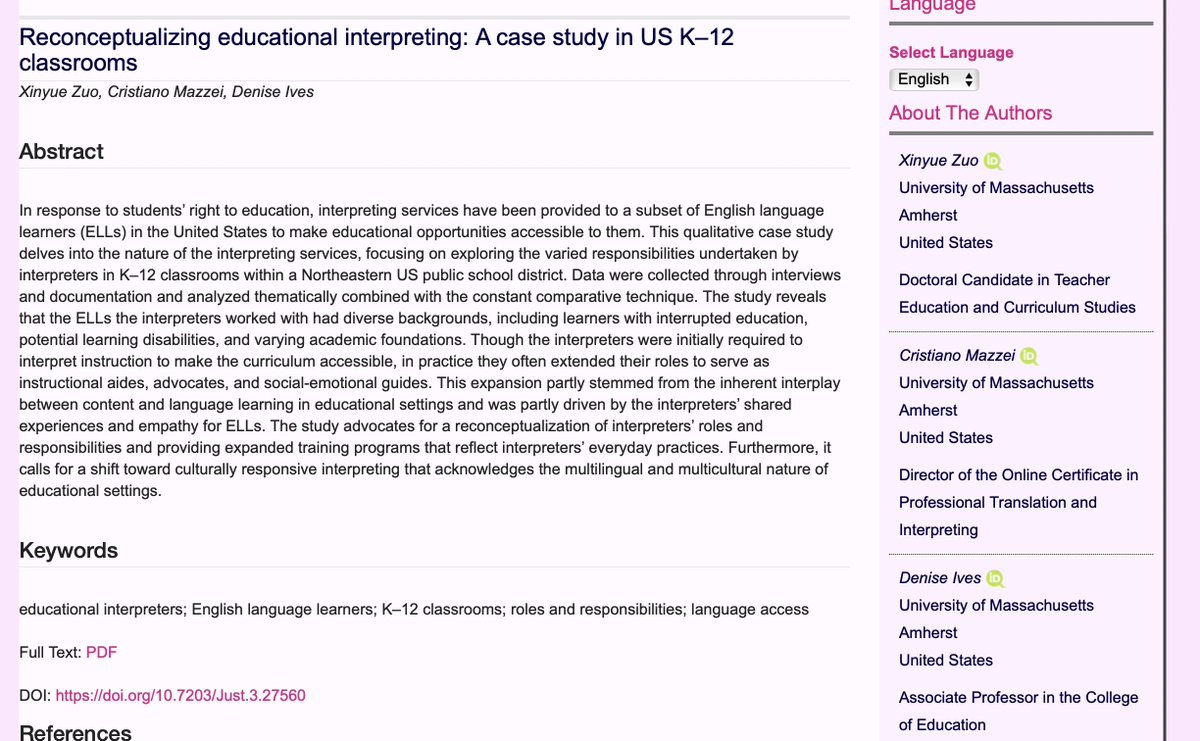 monzoneta's tweet photo. 🧐 Interested in educational interpreting? Check this article by Xinyue Zuo, Cristiano Mazzei &amp; Denise Ives "Reconceptualizing educational interpreting: A case study in US K–12 classrooms" #1nt #LanguageRightsMinorities #InterpreterRole #LanguageAccess https://t.co/9MVGHCZpLy https://t.co/MEIGsnbUHB