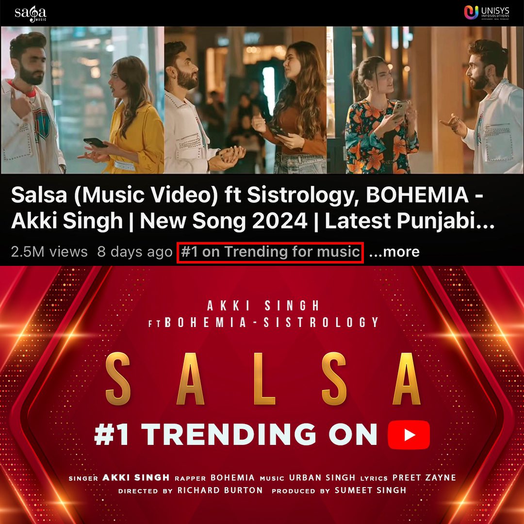 youtu.be/6ym4xnFZq9A?si… Number 1 trendsetter 🤩 #Salsa is ruling the charts 😎 @akkisinghmusic @FatimaFasial @HiraaFaisal @iqrakanwal120 @iambohemia @Unisysinfo @SumeetSinghM #sagamusicuae