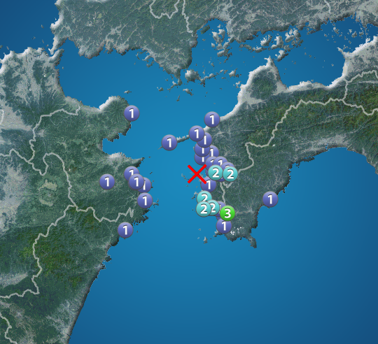 【地震情報】 4月23日 14:29 震度3 震源：豊後水道 M3.8 深さ約40km この地震による津波の心配はありません。 weathernews.jp/s/topics/20240…