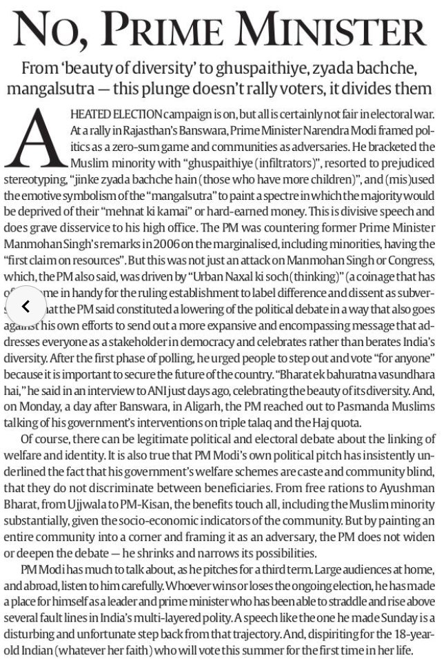 INDIAN EXPRESS EDITORIAL - EXPOSED PM NARENDRA MODI From ‘beauty of diversity’ to ghuspaithiye, zyada bachche, mangalsutra — this plunge doesn’t rally voters, it divides them. A speech like the one he made Sunday is a disturbing and unfortunate step back.