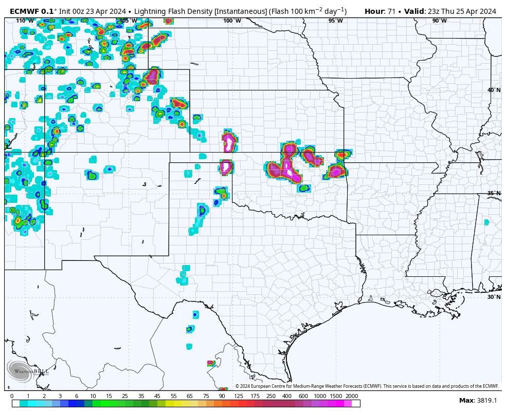 Thursday continues to be a day where the forcing (oomph) – an upper-air disturbance – looks to arrive just in time to generate dryline supercells in the 6 to 8 p.m. window. Liking the look of setting up somewhere between Dodge City, Kansas and Shamrock, Texas.