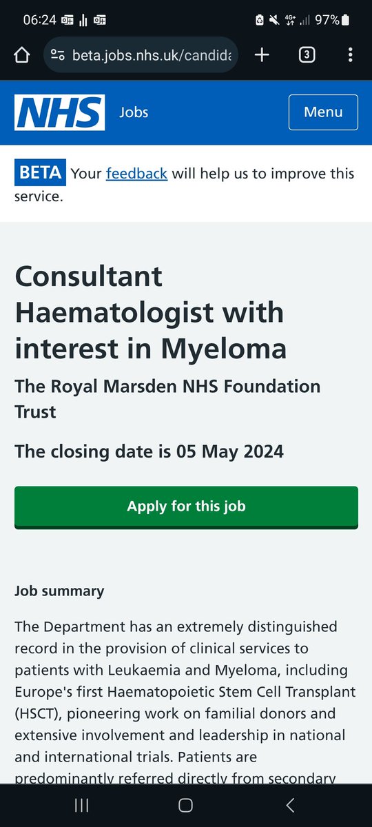For those interested: consider applying for a new permanent myeloma consultant post @royalmarsdenNHS . Join a great team and an expanding myeloma service covering all aspects of myeloma care and clinical research, including T-cell based therapies! beta.jobs.nhs.uk/candidate/joba…