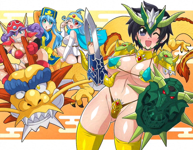 今日4/24はドラゴンの日ィみたいなんで、今年のお年賀用に描いたドラゴン装備一式の勇者ちゃん&スカイドラゴンと戯れる一行再掲 タグは割とちゃんとしたドラゴンばっかやったからタグ無しでw