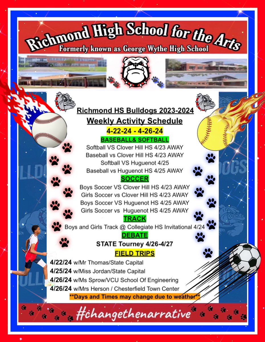 Your #RHSABulldogs Weekly Activity Schedule for the week of 4/22-4/26 ❤️🤍💙🐶 #LetsGoBulldogs @WytheSchool
