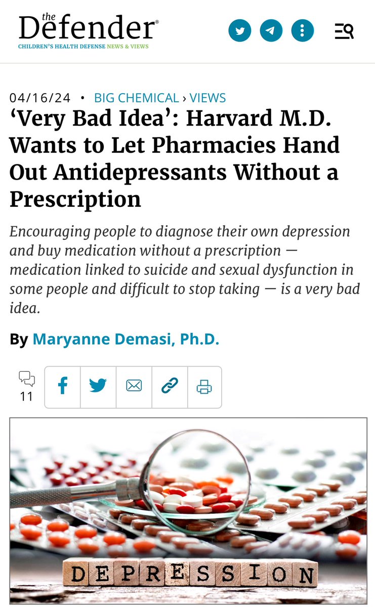 Terrible idea.. “In a recent STAT article, Dr. Roy Perlis, a professor of psychiatry at Harvard Medical School, argued that antidepressants, known as selective serotonin reuptake inhibitors (SSRIs), should be made available at U.S. pharmacies without a prescription. Perlis